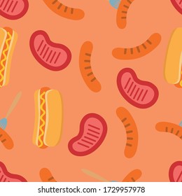 Vector set of barbecue texture. Picnic in the nature. Hot dog, kitchen appliances