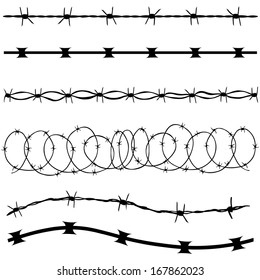 vector set of barbed wire silhouettes on isolated background