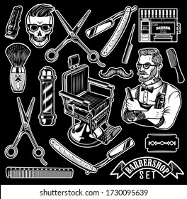 Conjunto vectorial de barra de barbero, silla y tijeras vintage, cepillo de afeitado, clipper y herramientas de barbershop, equipo. El barbero con barniz de pelo y pincel de pelo. Ilustración vectorial.