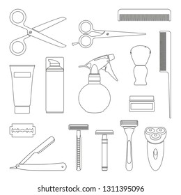 Vector set of barber shop elements on white background. Illustration of shaving accessories.