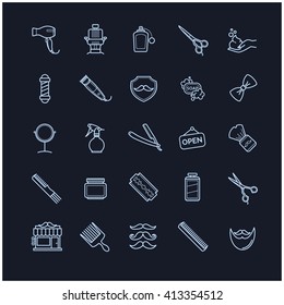 Vector Set of Barber Shop Icons. Hair salon thin line elements on a black background for your design