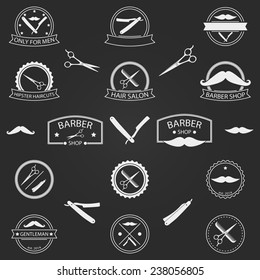 Vector set of barber shop logo, labels, badges and elements for your design on dark background