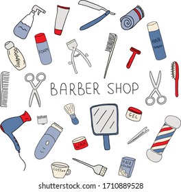 Conjunto vectorial de objetos y electrodomésticos con temática de barbería. Elementos de doodle dibujados a mano. 