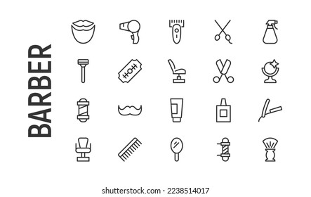 Vector set of barber thin line icons. Design of 20 stroke pictograms. Signs of barber isolated on a white background.