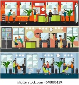 Vector set of barbershop, hair salon and tattoo studio posters, banners. Flat style design elements.