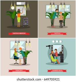 Vector set of barbershop and tattoo studio posters. Tattoo and Tattoo sketch, Piercing and Barber shop flat style design elements.
