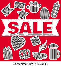 Vector set of barcodes in different shapes and sale label on red background, can be used for shop sale, brochures, advertisement, store