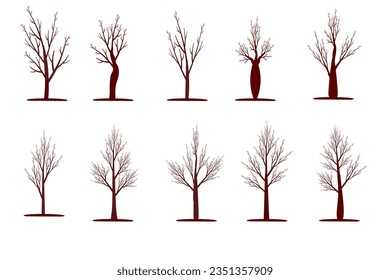 Vector set of bare, dry, dead, leafless silhouettes. Dead trees. No life. Hand drawn damaged environment. Summer, autumn.