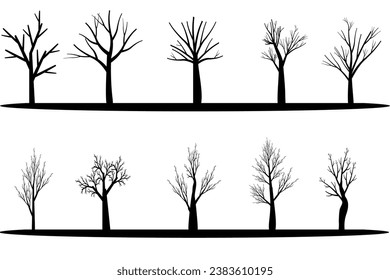 Vector set of bare, dry, dead, leafless silhouettes. Dead trees. No life. Hand drawn damaged environment. Summer.