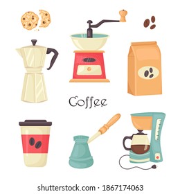 Vector Set of Barista Coffee Tools in cartoon style for Serving,Brewing.Collection of Clipart,Equipment for Morning Breakfast drink.Isolated on white background.Kitchen Utensils for Design,Web,Graphic