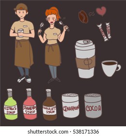 Vector set of barista guys, coffee drinks, sugar, syrups, cinnamon and cocoa. Boy and girl coffee maker.