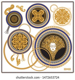 Vector set of Baroque floral scroll elements, golden chains, cables, Greek meander, acanthus leaves and Medusa head for textile border and silk design. Ten pattern brushes in the brush palette