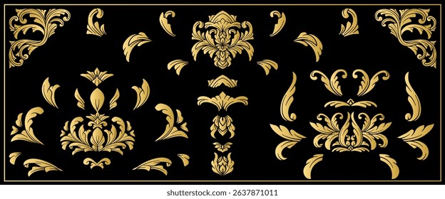 Vector Set Baroque Ornamental. Vintage gold Arabesque, Filigree, swirl, flourish, scroll, Floral elements. Golden Luxury Art deco Victorian border frame Calligraphic design.