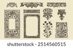 Vector set of baroque rococo victorian patterns and frames for design elements, floral leaves and pattern textile templates 19th 18th century historical design