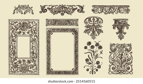 Vector set of baroque rococo victorian patterns and frames for design elements, floral leaves and pattern textile templates 19th 18th century historical design