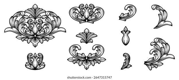 Vector set of baroque victorian damask ornamental. Vintage calligraphic elements, Flourish, filigree, scroll, curl decorative design. Hand drawn gothic frame, corner and borders ornament collection.