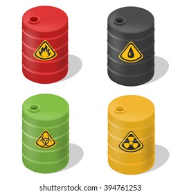 Vector set barrels isometric. Isolated set barrels icons. Flammable barrel icon. Oil barrel icon. Toxic barrel icon.