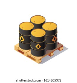 Vector set barrels isometric On Wooden Pallet. Isolated set of oil barrels icons. Flat 3d isometric illustration