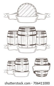 Vector set of barrels with labels and tapes in vintage, graphic style. Collection of barrels on a white background.