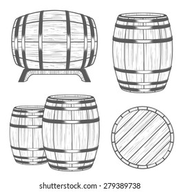 Vector set of barrels in vintage style. Collection barrels on a white background - stock vector.