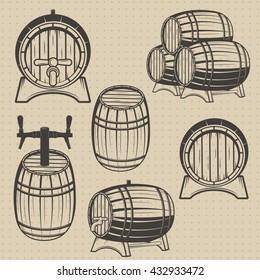 Vector set of barrels in vintage style. Collection barrels