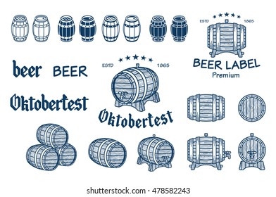 Vector set of barrels in vintage style. Collection on a white background - stock vector. art