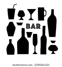 Vector set of barware. Bottle, glass, beer mug. Black on a white background. Silhouette, minimalism, hand drawing. Menu design for cafes and restaurants. Design, decor. Eps10