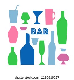 Vector set of barware. Bottle, glass, cocktail. Colored on a white background. Silhouette, minimalism, drawing. Cafe, restaurant, alcohol, summer, beach, vacation. Design, decor, menu, invitation. 