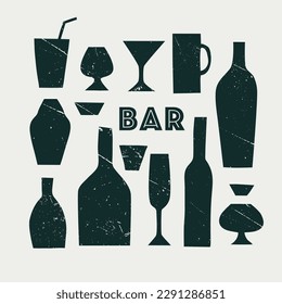 Vector set of barware. Bottle, glass, cocktail, mug. Green on a beige background. Vintage, grunge . Cafe, restaurant, alcohol, holiday. Design, decor, menu, decoration. Eps10