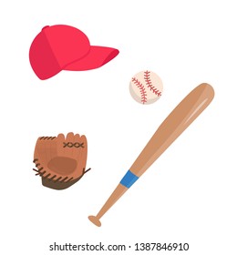 Vector set with baseball attributes: ball, cap, glove and bat, simple illustration in flat style at white background. 