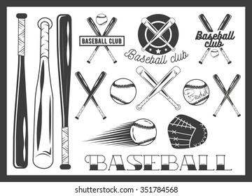 Vector set of baseball club emblem, label, badges, logo and design elements. Sport icons in vintage style. Baseball bat, ball, glove. Crossed bats.