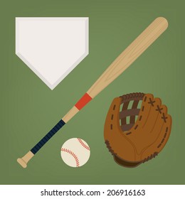 Vector set of baseball items featuring baseball bat, glove, home plate and ball