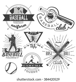 Vector set of baseball labels in vintage style. Sport concept. Design elements, retro emblems and icons isolated on white background. Baseball bat and ball.