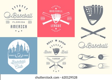 Vector set of baseball logos, emblems and design elements. Colorful logotype templates and badges.