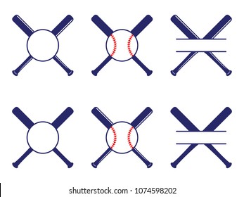 Vector set with baseball logos, split and circle monograms. Baseball crossed bats. Criss cross bats. Baseball flat vector illustration