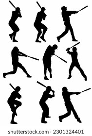 Vector set of Baseball Player Silhouettes, on white background