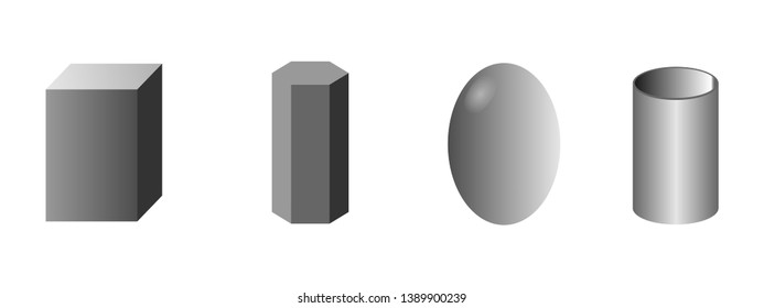 Vector set of basic 3d shapes. White geometric solids on a white background. 