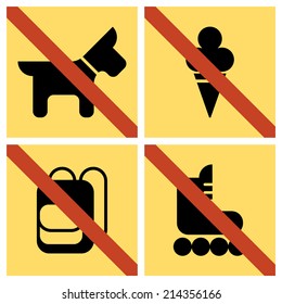 Vector set of basic yellow colored square restriction signs for your store or shop | Not allowed icons: no dogs, no ice cream, no backpacks, no skates
