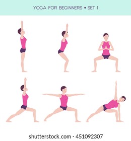 Vector set of basic yoga asanas, yoga for beginners, woman figure doing exercises, 6 asanas