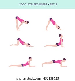 Vector set of basic yoga asanas, yoga for beginners, woman figure doing exercises, 6 asanas