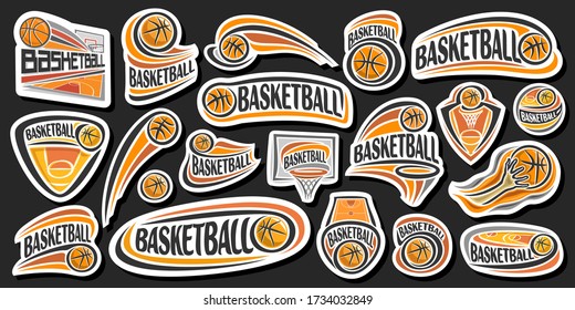 Vector Set for Basketball, lot collection of 20 cut out illustrations of decorative basketball signs, group of many various sports logos with unique letters for word basketball on dark background.