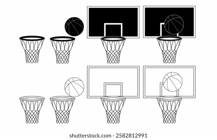 Vector set of basketball hoops, backboards, and balls in various styles. Includes black and white, silhouette, and outlined versions. Perfect for sports and game design.