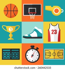 Vector set of basketball icons in flat design style.