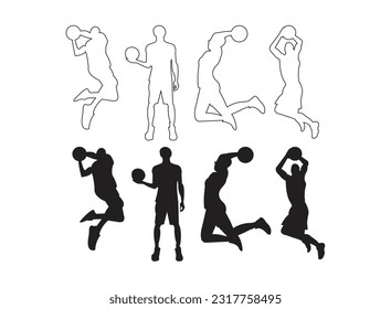 Vector set of Basketball player in action with ball.  Silhouettes of Basketball Players Vector set boy 