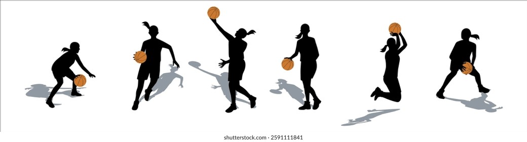 Vector set of basketball player silhouettes in action poses with ball and dynamic movement. Sports concept