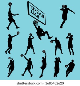 Vector set of basketball players silhouettes, with many dynamic poses