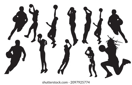Vector set of Basketball players silhouettes, Basketball silhouettes black and white background