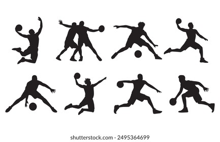 Vector set of Basketball Players silhouettes in different action, transparent on a white background