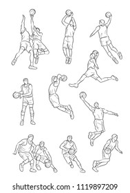 Vector Set Of Basketball Players, Sketch And Drawing