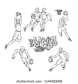 Vector set basketball players in sports uniform. Sportsmans motion with ball in different poses and race. Outline black white illustration and inscription painted letters